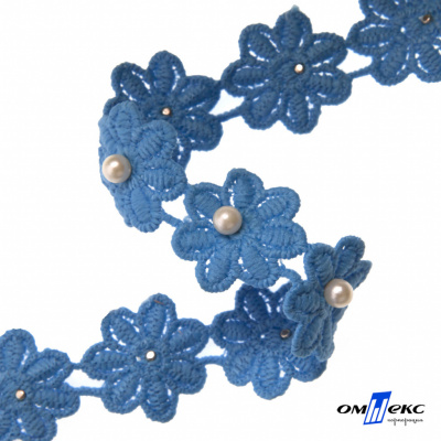 Тесьма вязанная "Цветок с бусиной" 187, шир. 29 мм/уп. 13,7+/-1 м, цвет голубой - купить в Кемерово. Цена: 1 084.20 руб.
